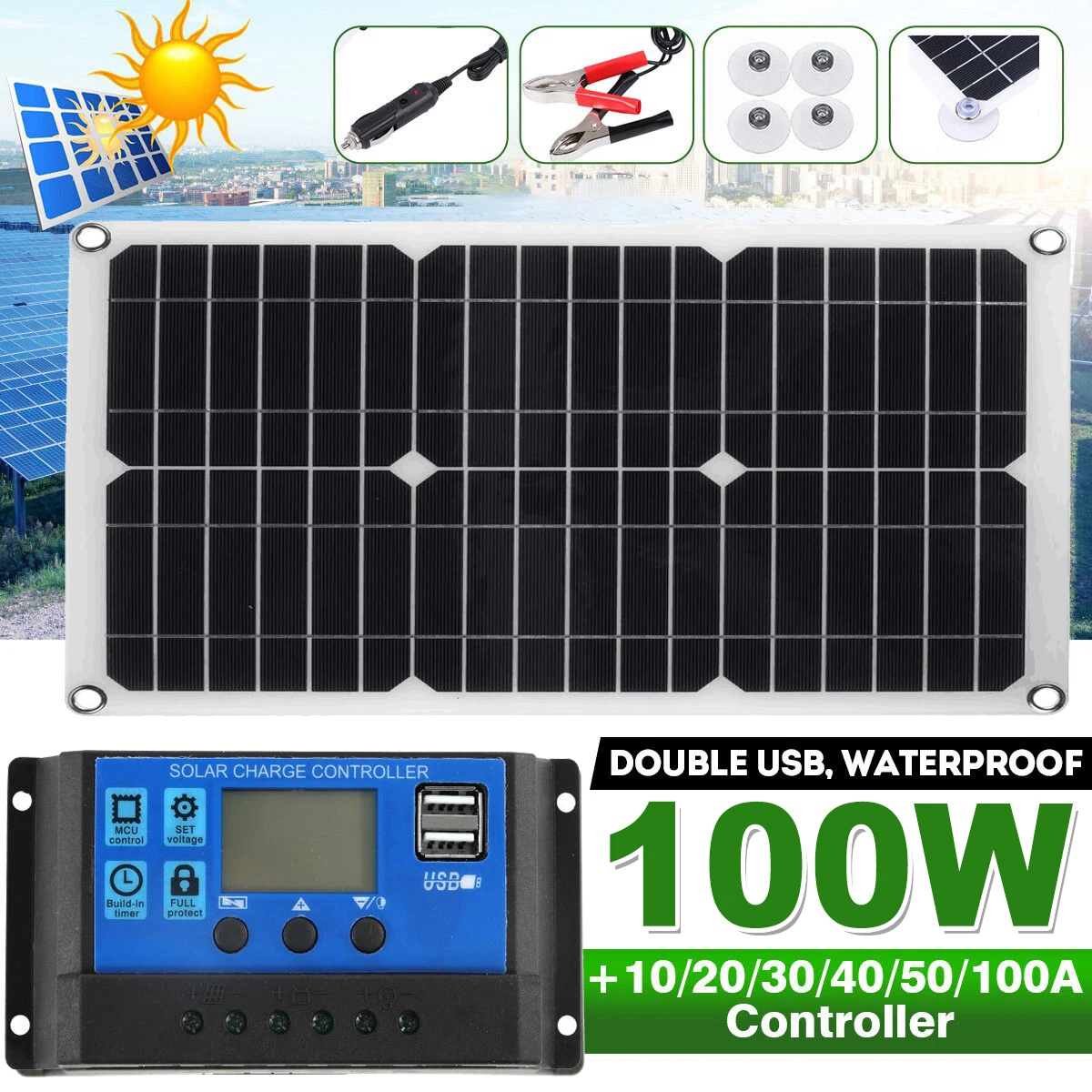 

Комплект солнечной панели 100 Вт, полный двойной USB-порт 12 В/5 В постоянного тока с контроллером солнечной энергии 60 А, солнечные элементы для а...