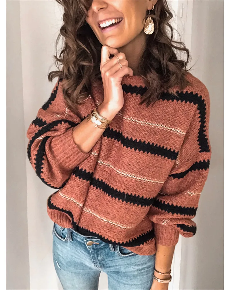 

Newest Women Knitted Sweater O-Neck Long Sleeve Contrast Color Striped Printing Loose Casual Pullover Sweater Streetwear Party