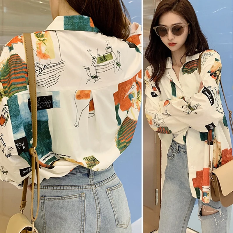 

Women Vintage Shirt Long Sleeve Loose Illustration Print Shirt Lapel Chiffon Ladies Clothing Blouses