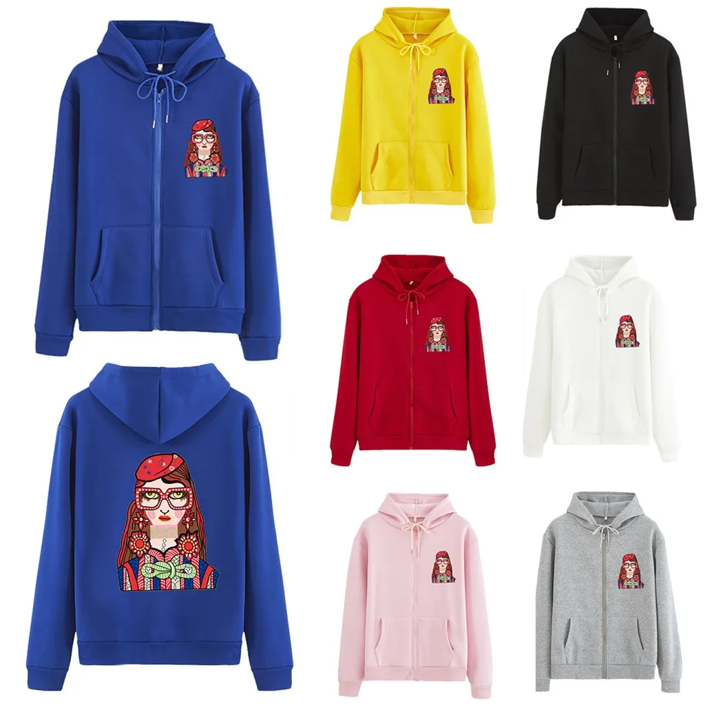 Fashion Women Printing Hoodie Top Sweatshirt Zipper Long Sleeve Blouse 2019 Autumn Winter Girls Oversize |