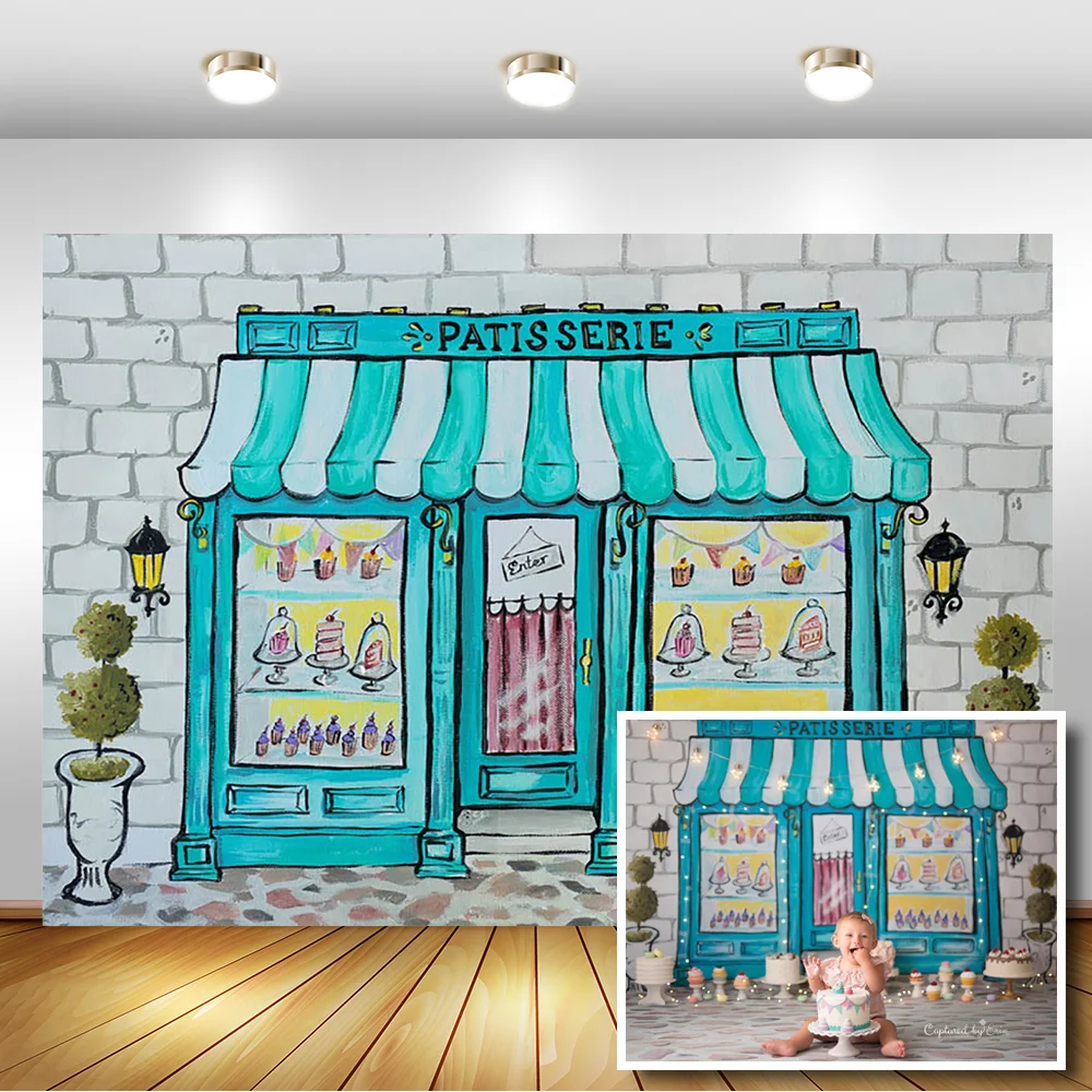 

Blue Cake Shop Photography Background for Newborn Baby Photo Props Studio Booth Background Children Kids 1st Birthday Backdrops