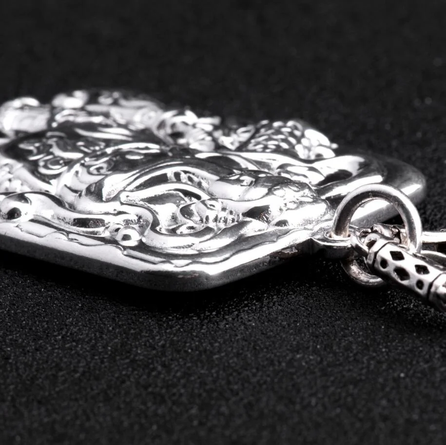

Pure Silver Sterling 999 Solid Silver Chinese Guan Yu Statue Totem Tag Plate Necklace Pendant Antique Men's Fashion Fine Jewelry