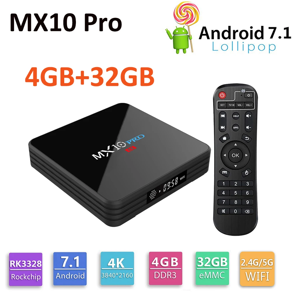 MX10 Pro светодиодный Android 7 1 ТВ приставка RK3328 Четырехъядерный 4 ГБ ОЗУ 32 Гб ПЗУ 4K HDR Smart