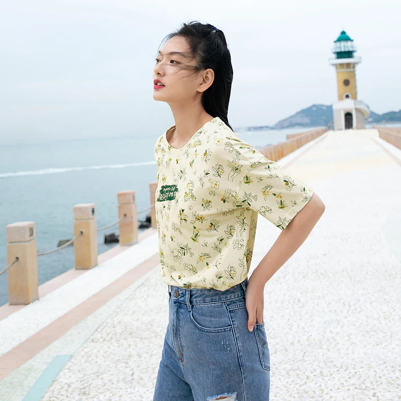 Женская футболка с цветочным принтом INMAN повседневный классический хлопковый