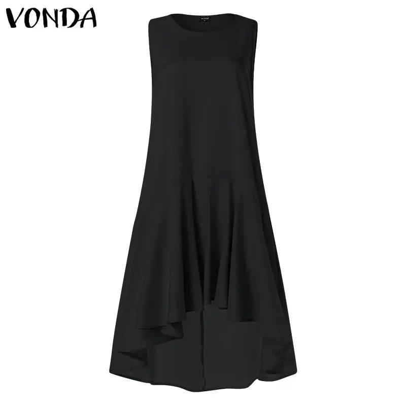black VONDA повседневное одноцветное платье для женщин Лето женское платье с оборками и асимметричным подолом рыбий хвост элегантный сарафан длинная секция размера плюс - Цвет: black