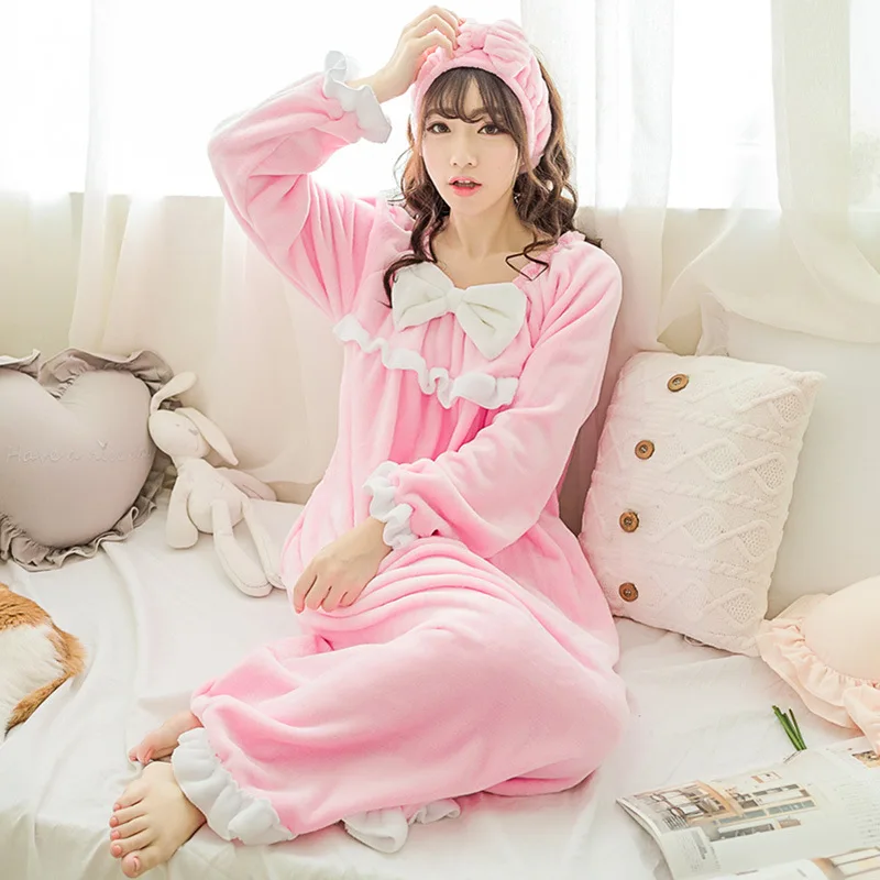 

Autumn Winter Korean Flannel Nightgown Girl Nightdress Princess Pajama With Bow Lace Bathrobe Lounge Negligee Pajamas