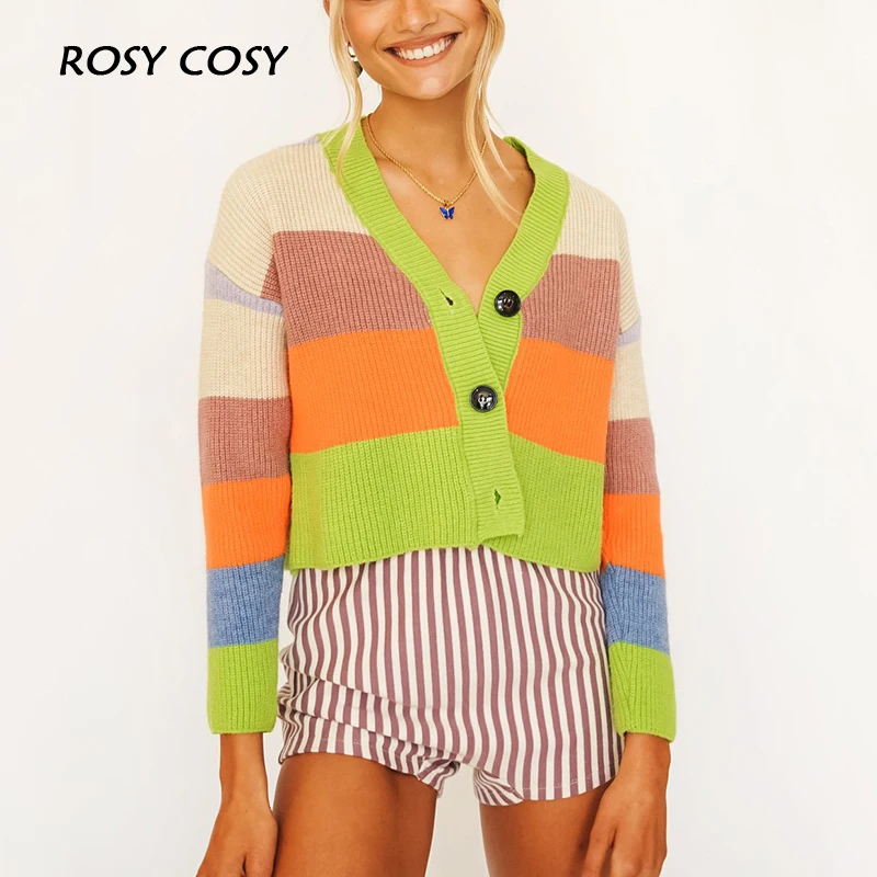 

Autumn Women V-Neck Knitted Sweater Casual Single Breasted V-Neck Female Cardigan Elegant Lady Long Sleeve Striped Crop Sweater