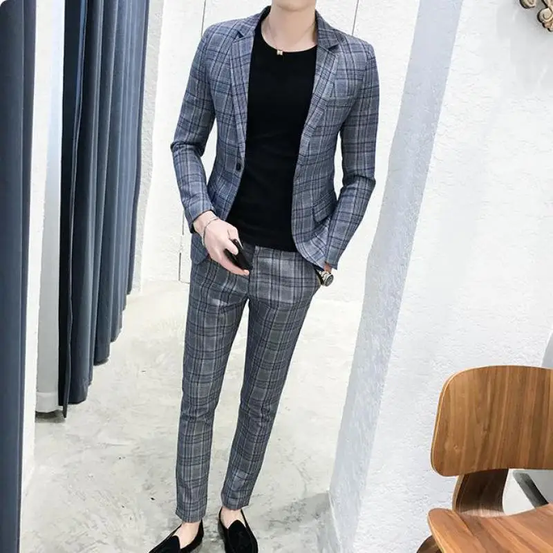 

2022 Groom Tuxedos Groomsmen Mens Suits Plaid Wedding Party Tuxedos For Men Stage Dinner Wear Best Man Suit Sets (jacket+pants)