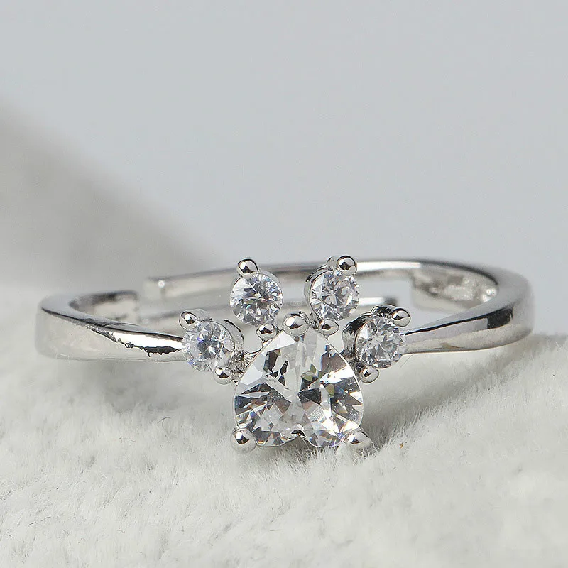 Симпатичная кошачья лапа в форме сердца Rhod кольцо регулируемое циркониевое CZ