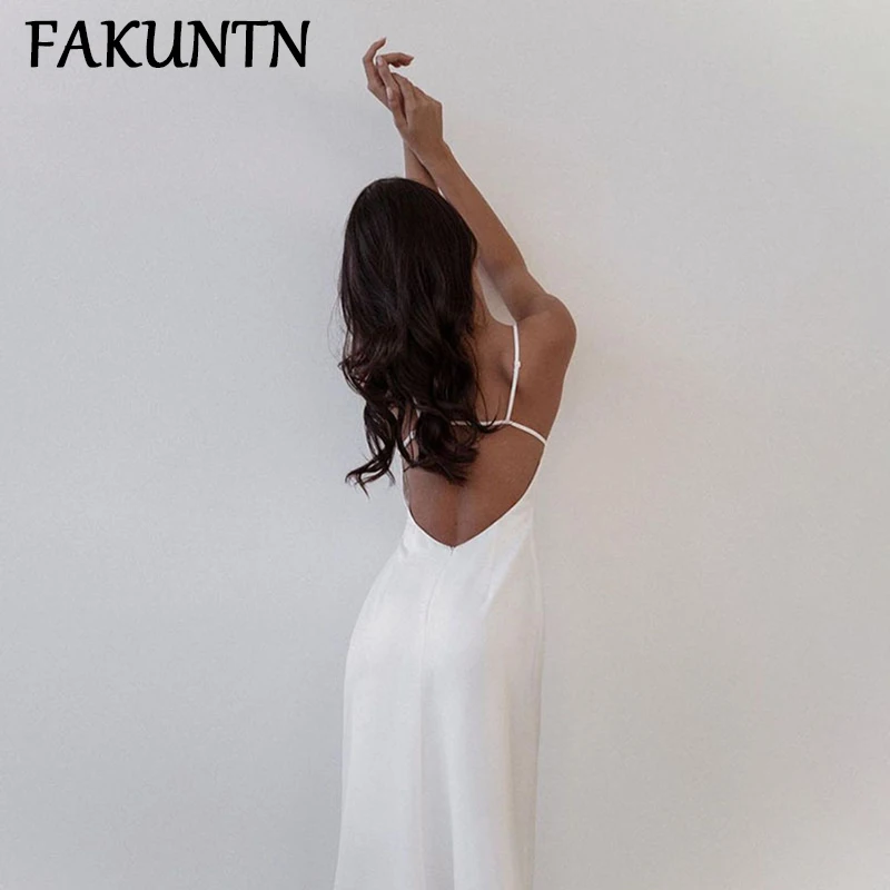 

Vintage Spaghetti Strap Dress Summer 2021 Fashion Backless Solid Color Robe Sexy Midi Dresses For Women Party Elegant Dress