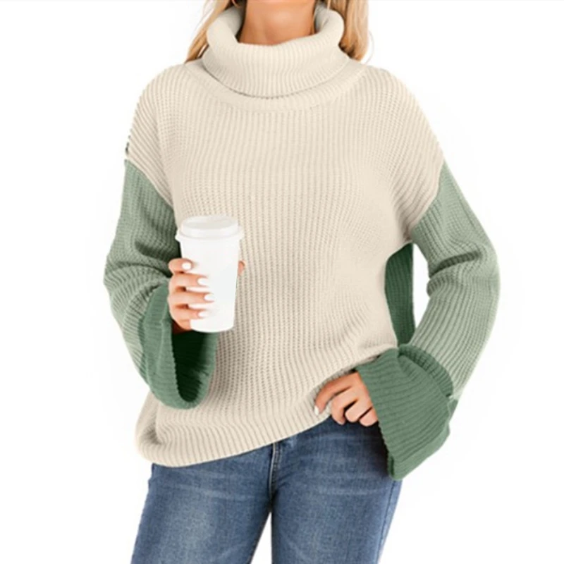 

Women's Casual Long Sleeve Turtleneck Sweater Pullover Knit Jumper Tops Patchwork Pullover Sweaters
