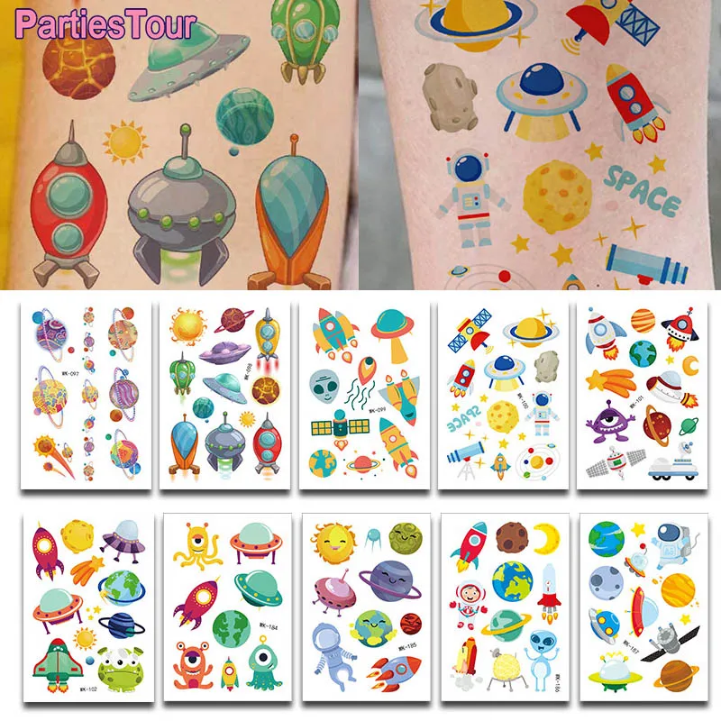 

10pcs Space Theme Party Temporary Tattoos Rocket Astronaut planet Universe Stickers Tattoos Out Space Birthday Party Supplies