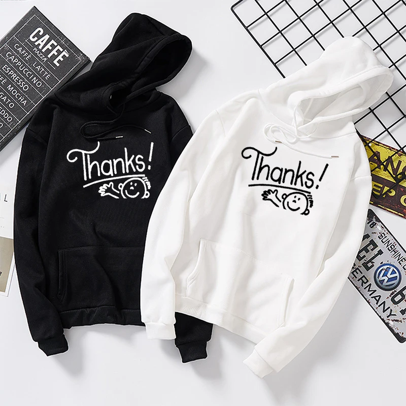 

Hooded Sweatshirts Cute Cool Harajuku Autumn Female Pullovers Thanks Print Solid Hoodies Women Loose Long Sleeve Plus Size
