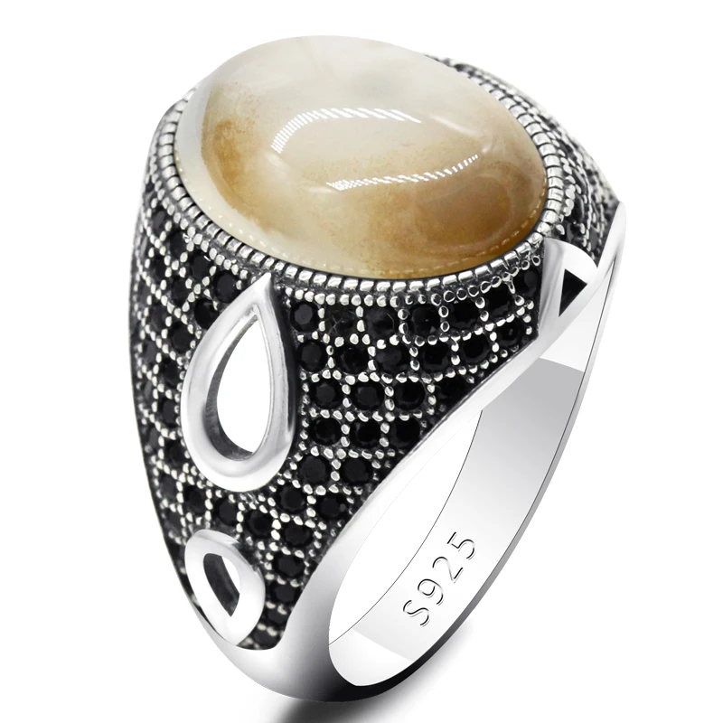 Черный Полированный Галечный пляж мужчины женщины кольцо из натуральной 925