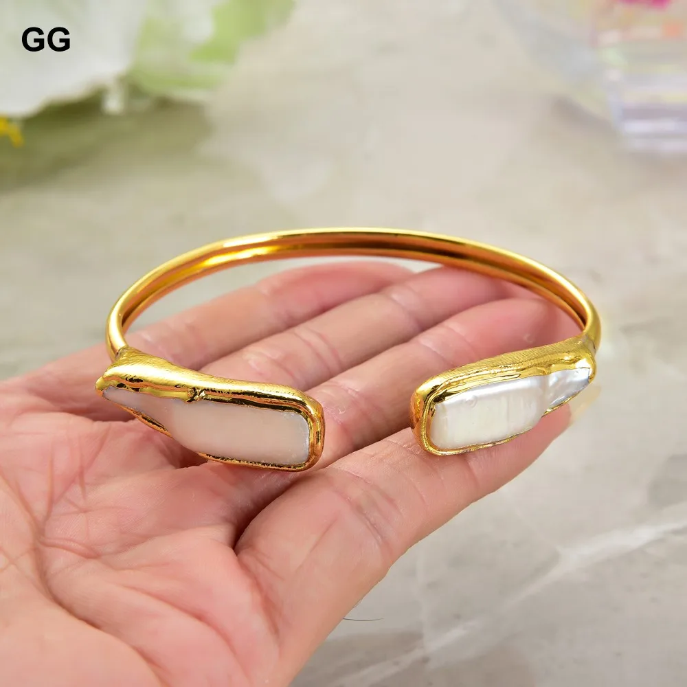 GG Jewelry Cultured White Biwa Rectangle Pearl Golden Plated Bangle Bracelet | Украшения и аксессуары