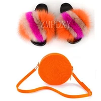 summer women real fox fur slippers furry fur slides rainbow jelly bags sweet plush slippers ladies party shoe brand slippers