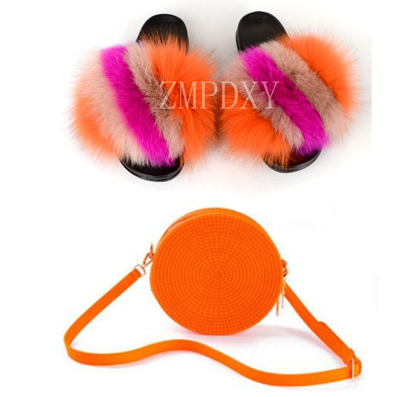 Летние женские тапочки с натуральным лисьим мехом Шлепанцы на меху радужным желе
