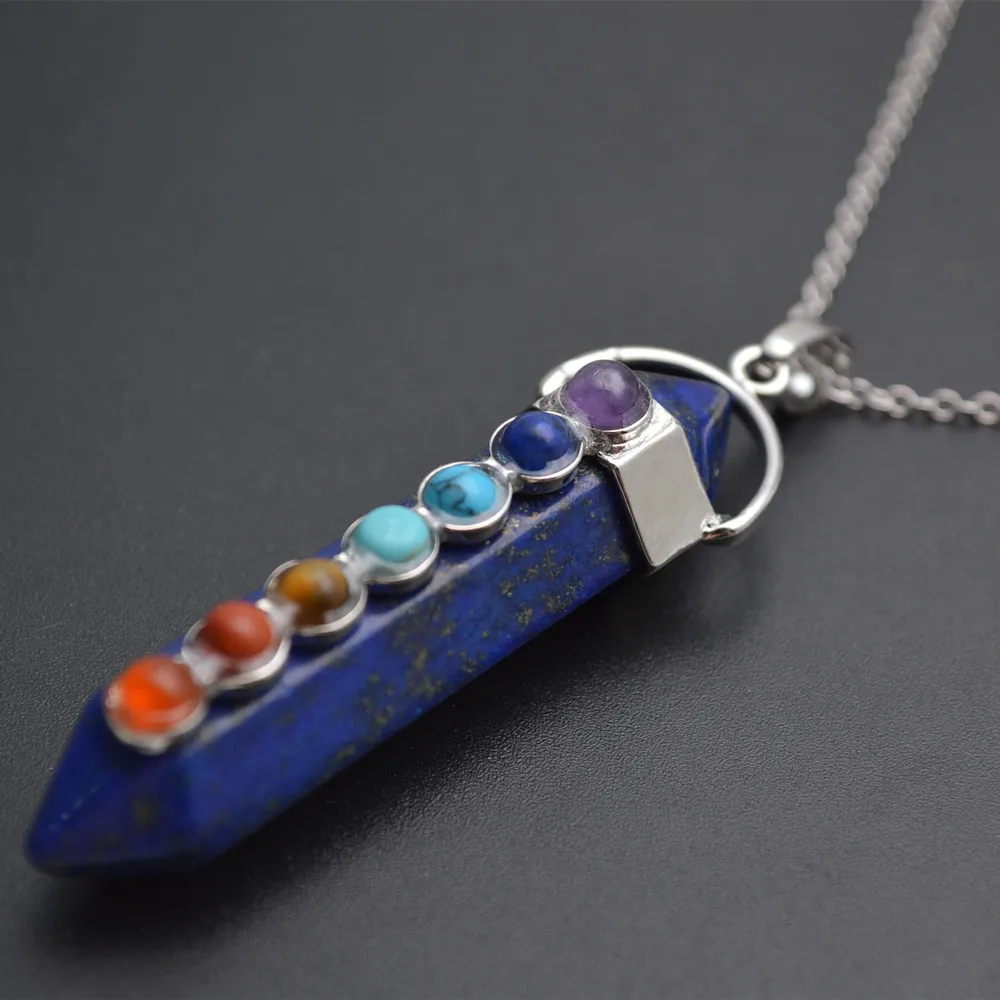 

Natural Lpais Lazuli Stone Pillar Point with 7 Small Stone Cabochons Paved Chakra Pendant Chains Necklace