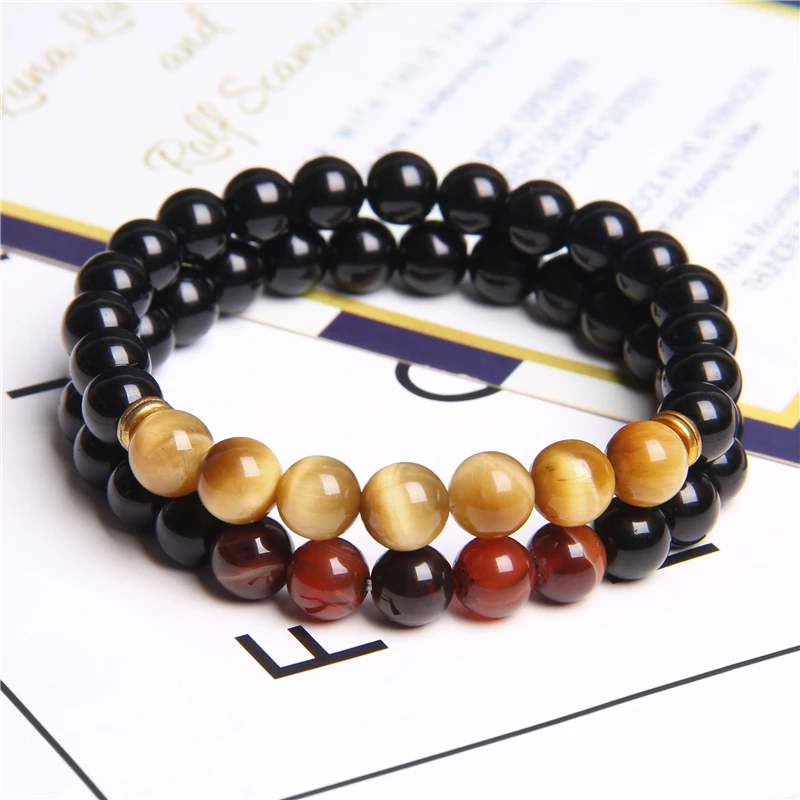 8 mm Gold Tiger Eye Stone Beads Bracelets For Women Friendship Bracelet Men Natural Energy Polished Black Onyx Bangle Jewelry | Украшения и