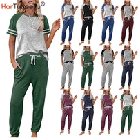 womens casual 2 piece sport outfits short sleeve t shirt bodycon long pants joggers tracksuit set loungewear contrast stripes