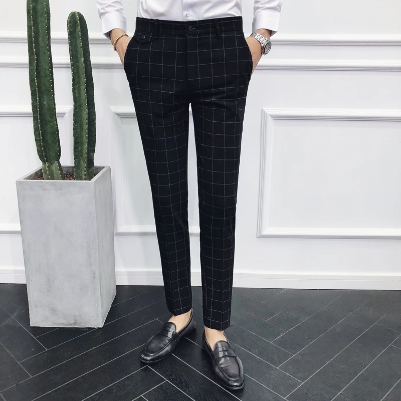 Мужские летние клетчатые брюки деловые облегающие для офиса|Повседневные брюки|