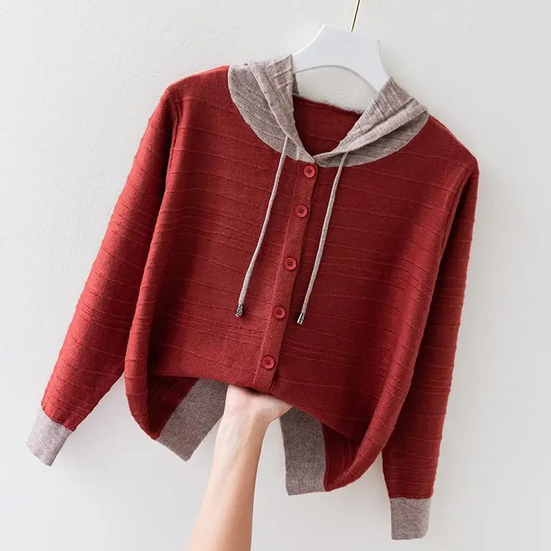 

Contrasting color hooded sweater women's cardigan autumn clothing 2021 new loose and thin outer sweater jacket women