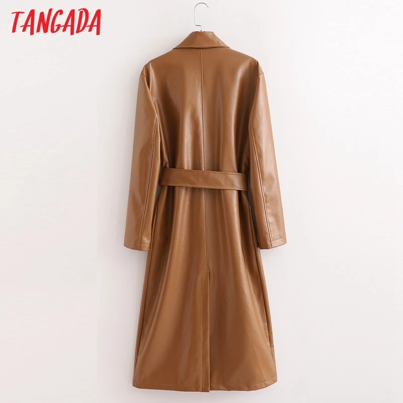 

Tangada Women Elegant Solid Brown Faux Leather Long Trench Coat With Belt 2021 Office Ladies Outwear Windbreak 1D74