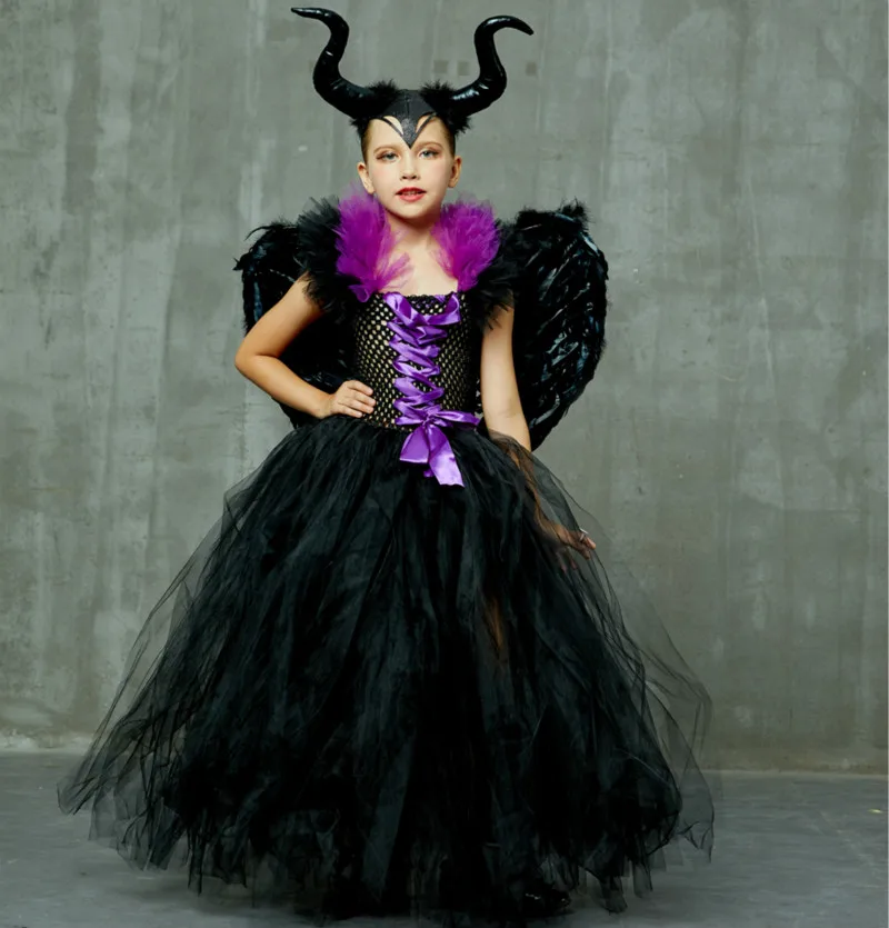 Kids Maleficent Evil Queen Girls Halloween Fancy Tutu Dress Costume Children Christening Up Black Gown Villain Clothes | Детская одежда