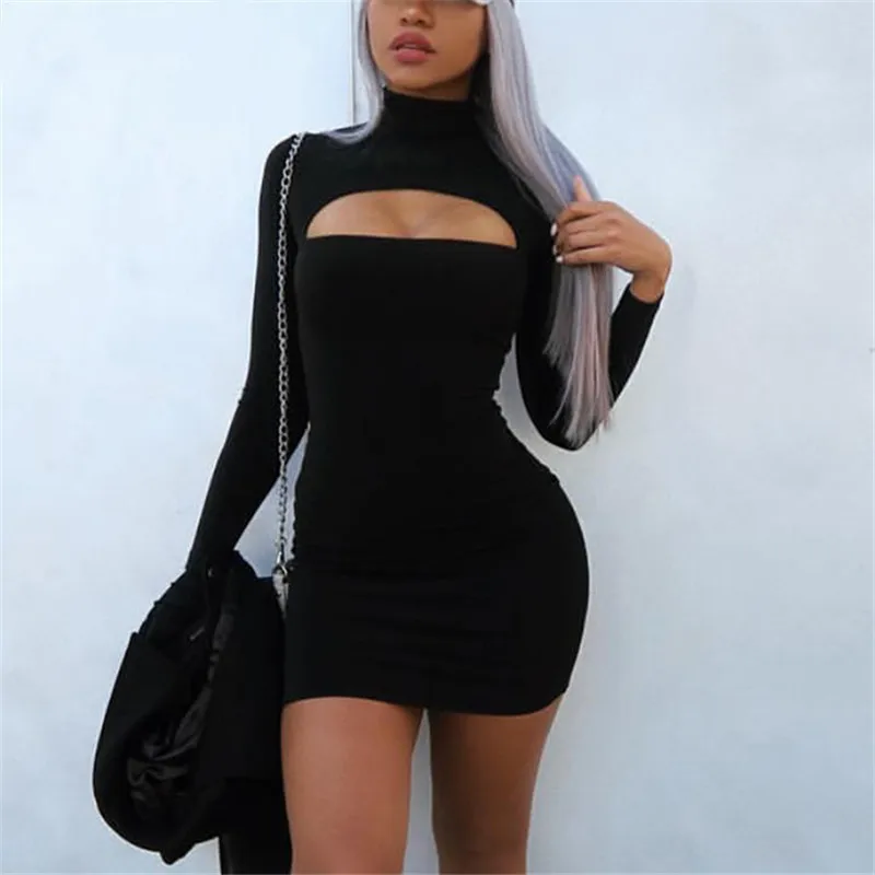 

OneLineFox Hollow Out Clubwear Women Sexy Dress Party Mini Autumn Solid Long Sleeve Turtleneck Winter Bodycon Dress Black