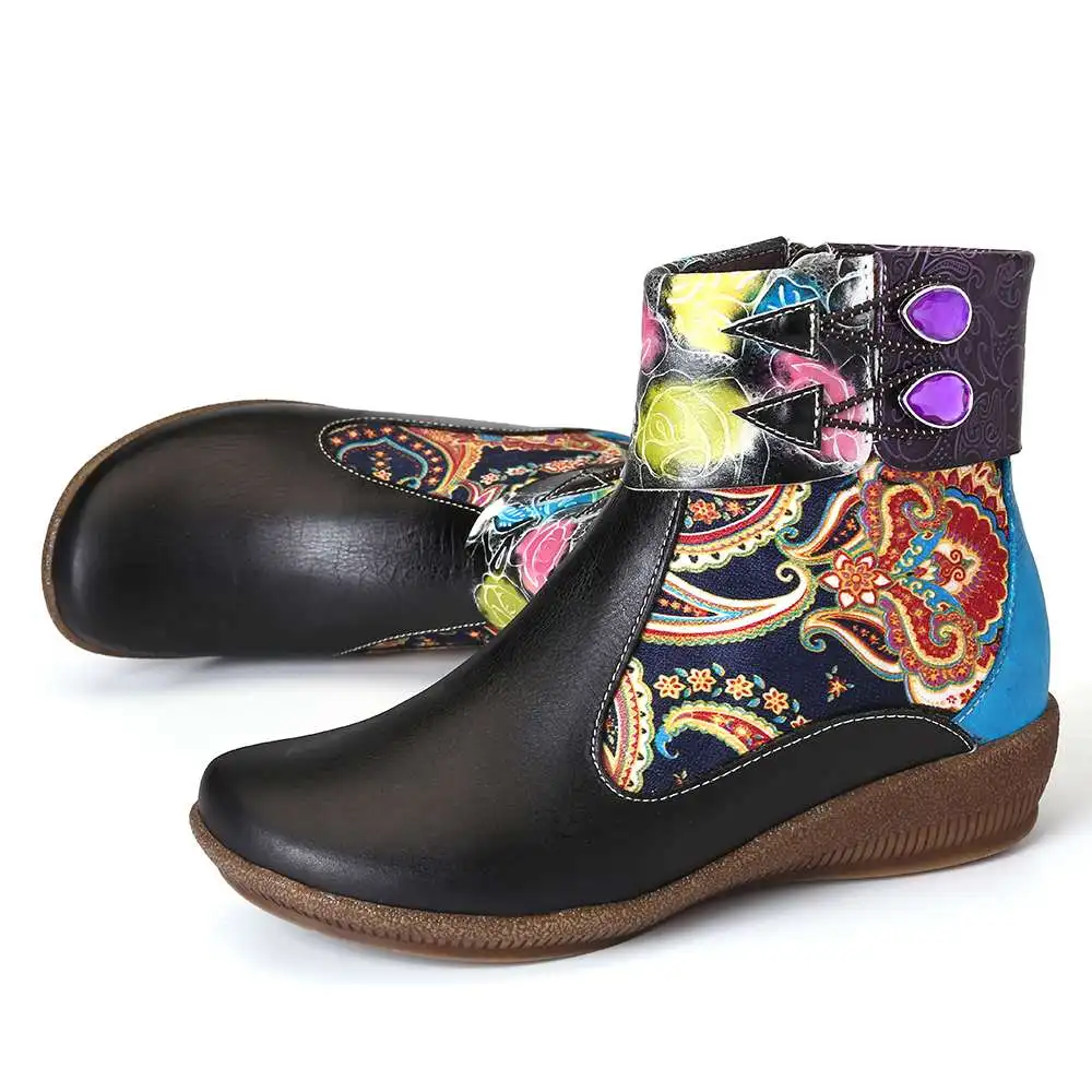 SOCOFY botas mujer; удобные черные ботильоны из натуральной кожи на плоской подошве в стиле ретро с рисунком розы; женская обувь на каблуке; вечерние зимние ботинки; коллекция года
