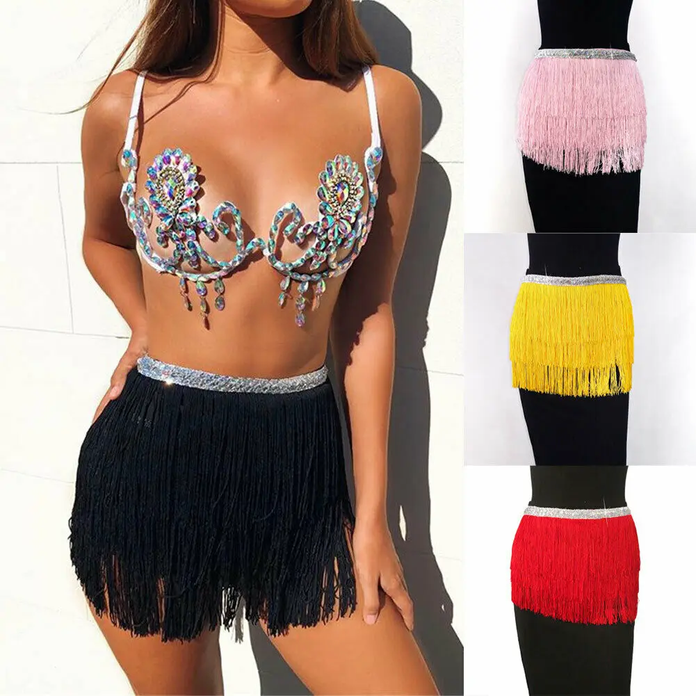 Новинка 2021 пикантные женские юбки с блестками на талии и кисточками Пляжная