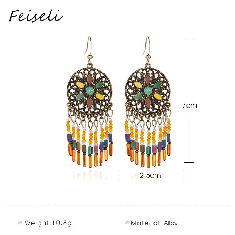 Feiseli цветные резные Многослойные женские серьги с кисточками в этническом стиле