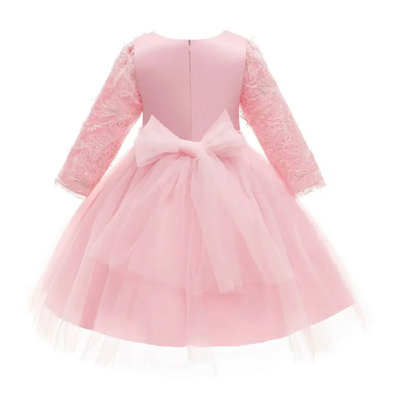 

Girl Pink Long Sleeve Dress Embroidered Round Neck Lovely Princess Sequin Dresses Lace Skirt Waist Fashion Party Skirts