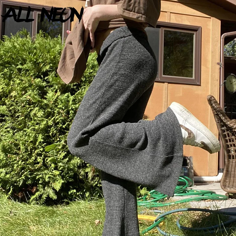 

ALLNeon 90s Aesthetics Basic Ribbed High Waist Grey Trousers Y2K Vintage Solid Full Length Knit Flare Pants Women Baggy Bottoms