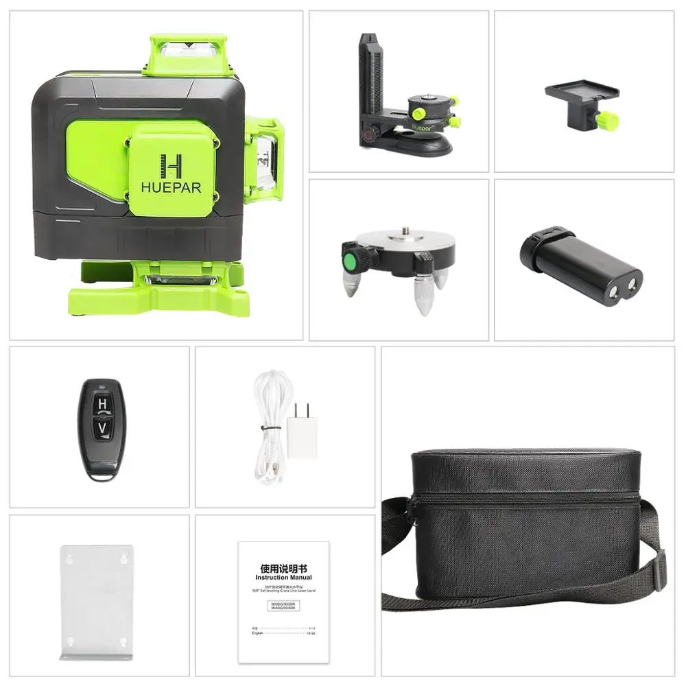 Huepar 16 lines 4D Cross Line Laser Level Green Beam Line With Li-ion battery For Tiles Floor Multifunction & Remote Control