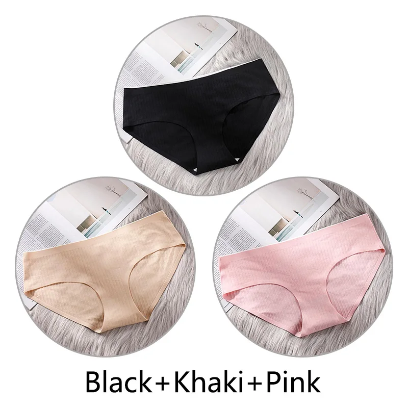 Black Khaki Pink 3 шт. сверхтонкое, бесшовное нижнее белье из хлопка, Для женщин нижнее белье, мягкие трусики с большими чашечками для Размеры 4XL белье соты с заниженным шаговым швом ткань нижнее бельё - Цвет: Black Khaki Pink