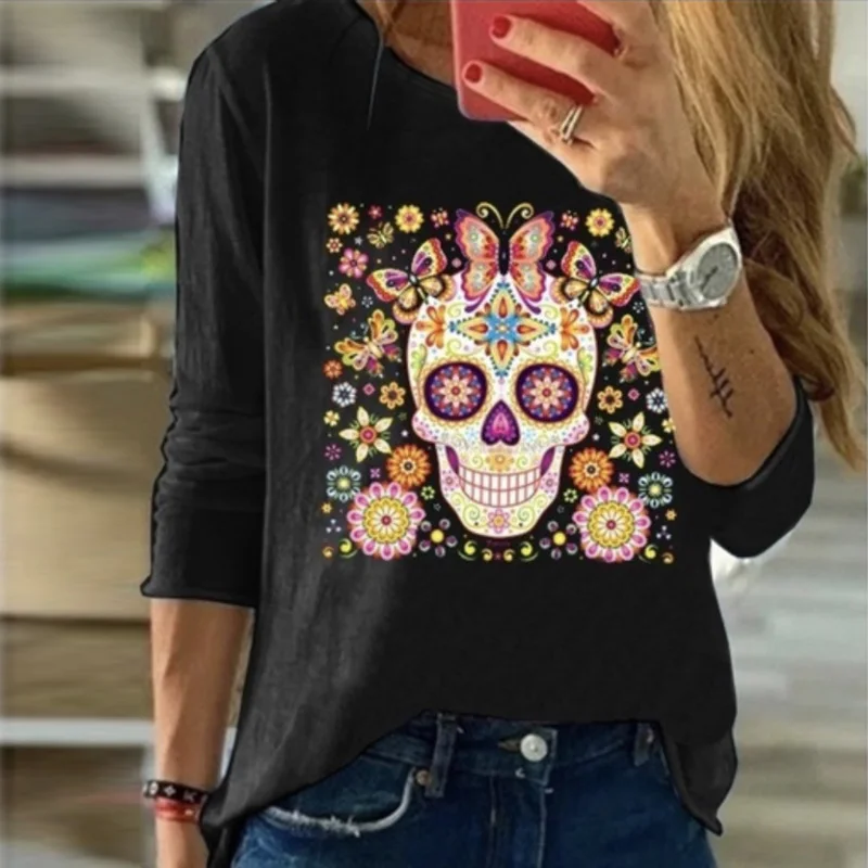

Summer Casual O-Neck T-Shirt Fashion Long Sleeve Tops Pullover Sweatshirt Women Butterfly Skull Print Loose Tee Shirt Streetwear