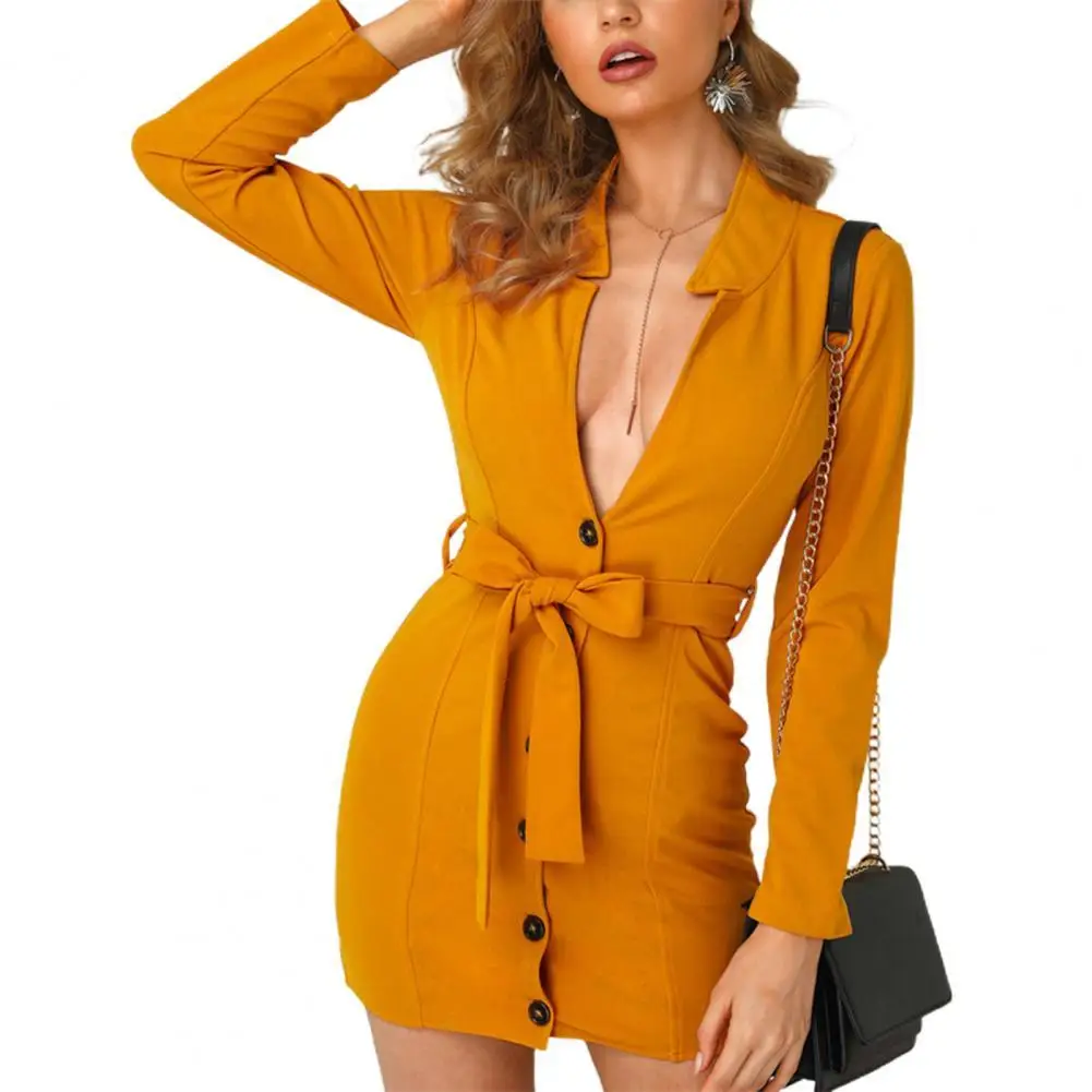 

2021 New Arrivals Women Bodycon Dress Sexy Solid Color Deep V Neck Women Long Sleeve Buttons Belt Bow Knot Brown Slim Mini Dress