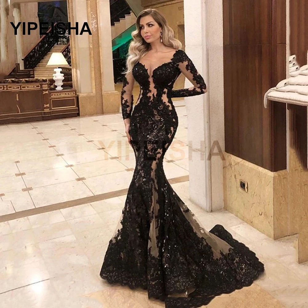 

Sexy Black V-Neck See-Through Evening Dress Mermaid Lace Embroidery Long Sleeves IIIusion Prom Party Gown robes de soirée