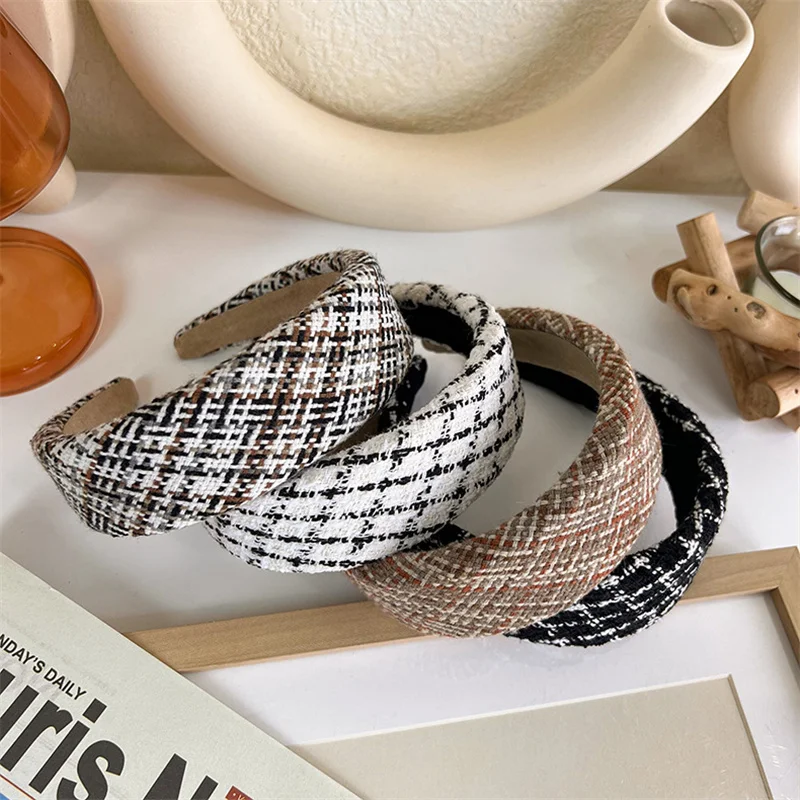 

Winter Plaid Wide Sponge Hairbands Vintage Bezel Hair Hoop Female Woman Hair Accessories Korea Headbands for Women