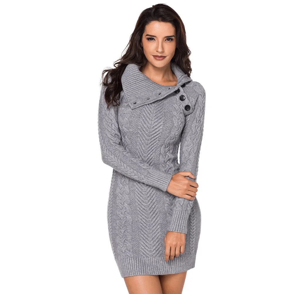 

Knitted Pullover Asymmetric Button Long-sleeved Mid-length Women's Sweater Dress