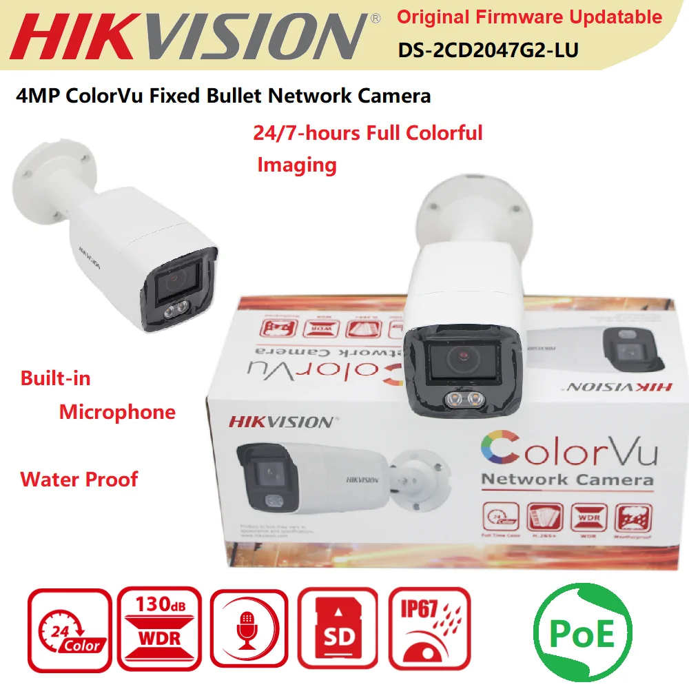 

Hikvision IP Camera DS-2CD2047G2-LU 4MP Full Color Surveillance CCTV Bullet Built-in Microphone H.265+ IP67 ColorVu POE