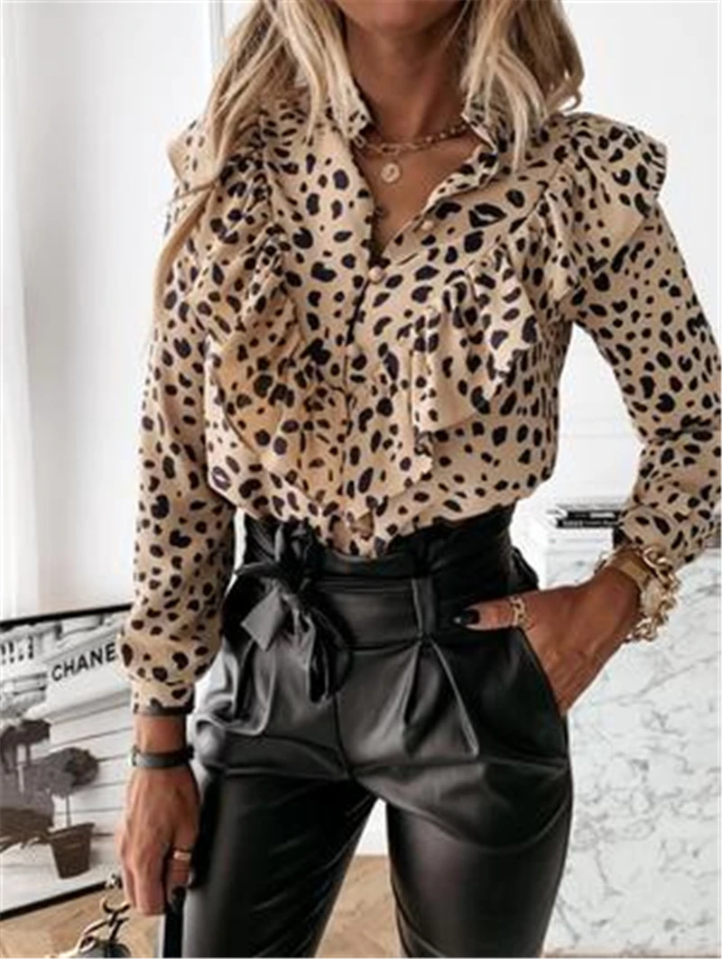 

Elegent Ruffle Women Shirt Boho Print Long Sleeve Fashion Shirts Buttons Casual Loose Spring Autumn Stand Collar Ladies Blouse