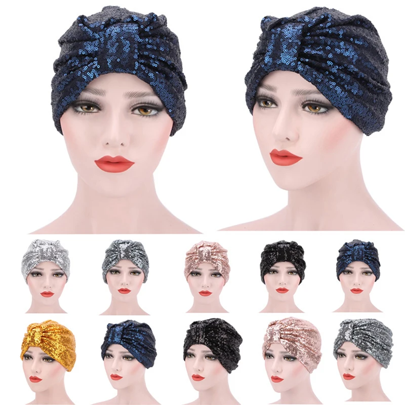 

Shining Beanie Lady Sequin Muslim Hat Hijab Head Scarf Turban Elastic Night Cap Bonnet Hats Reusable Women Headband Headdress