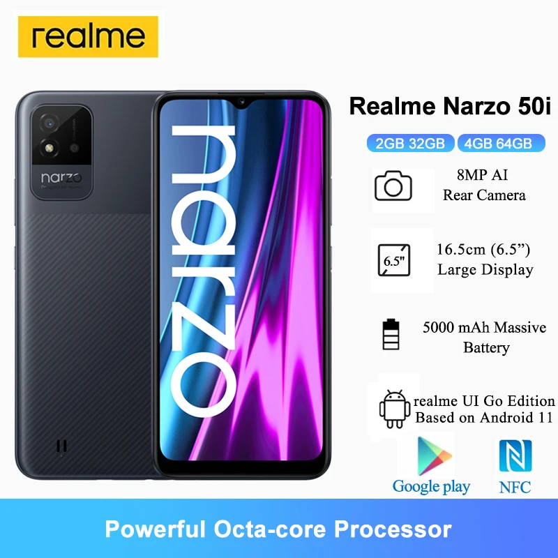 

Global Version Realme Narzo 50i Smartphones 6.5" HD+ Octa-core Processor Cellphones 2GB 32GB /4GB 64GB NFC 5000mAh 8MP AI Camera