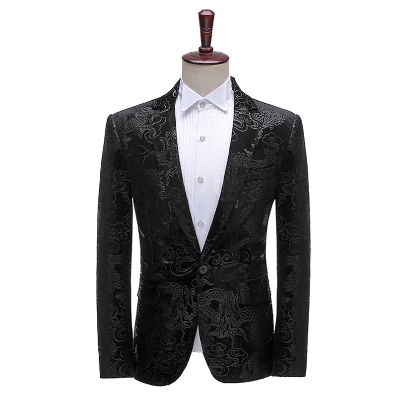 

PARKLEES Velvet Dragon Printed Men Blazer Slim Fit Business Dress Mens Suit Jacket Blazers Coat Wedding Prom Party Men Clothing