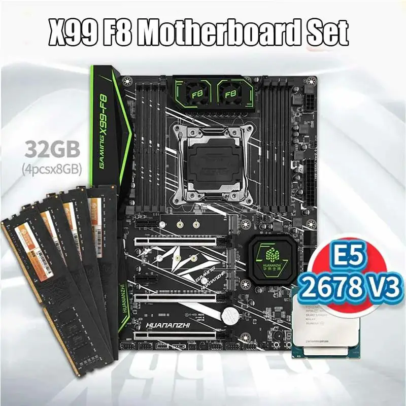 Günstig HUANANZHI X99 F8 X99 Motherboard Mit Intel XEON E5 2678 V3 Mit 4*8G DDR4 Nicht-ECC Speicher Combo Kit Set NVME SATA 3,0 USB 3,0