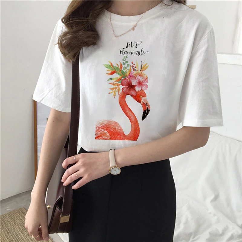 

Women T-shirts Summer harajuku Cartoon Flamingo Watercolor Print Ladies tshirt Fashion Short sleeve Casual tee shirt femme 2021
