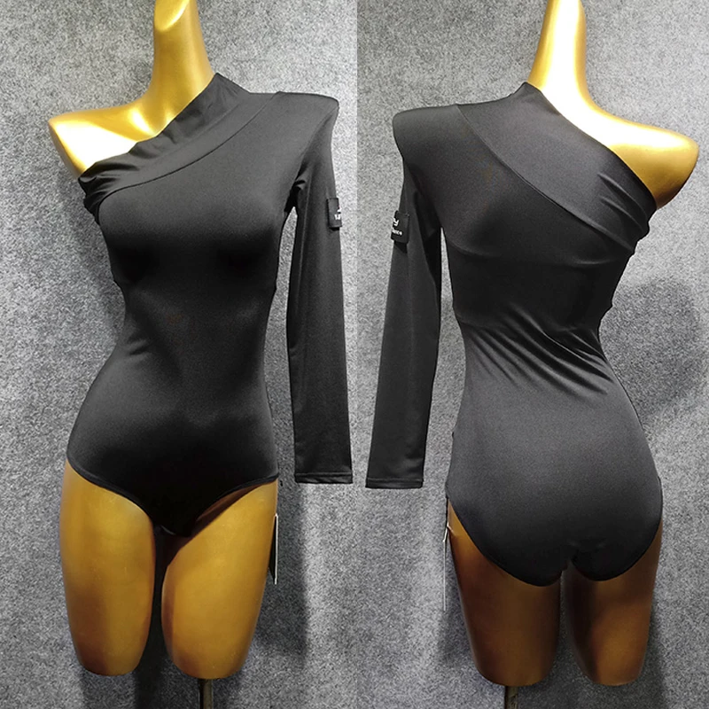 Топы для латиноамериканских танцев женский осенний Черный трико с одним длинным