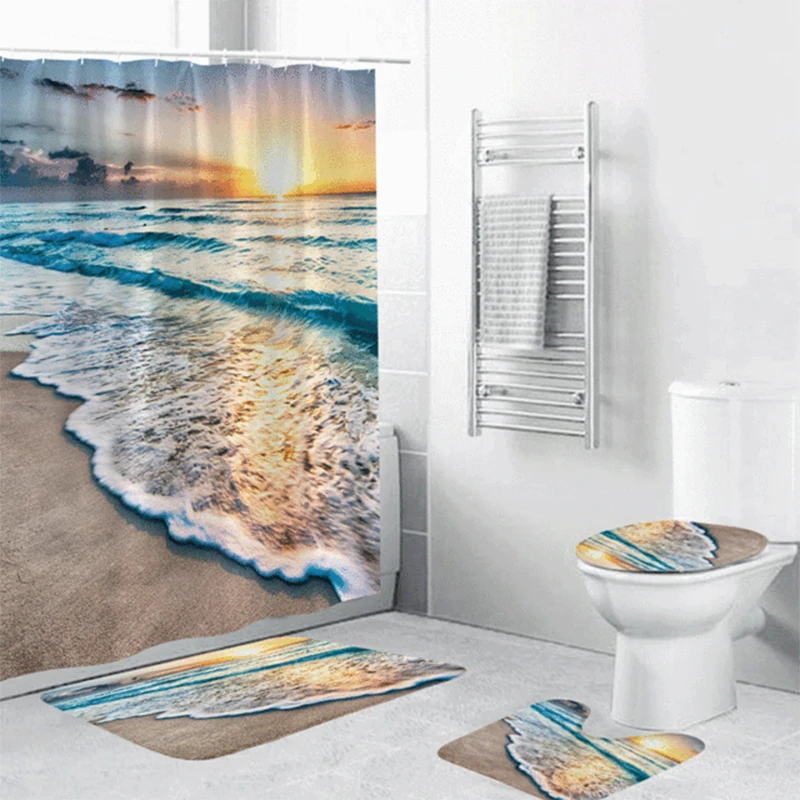 

3d Shower Curtains Beach Landscape 4 Piece Bathroom Set and Toilet Mat Set Waterproof Fabric Bathroom Accessory